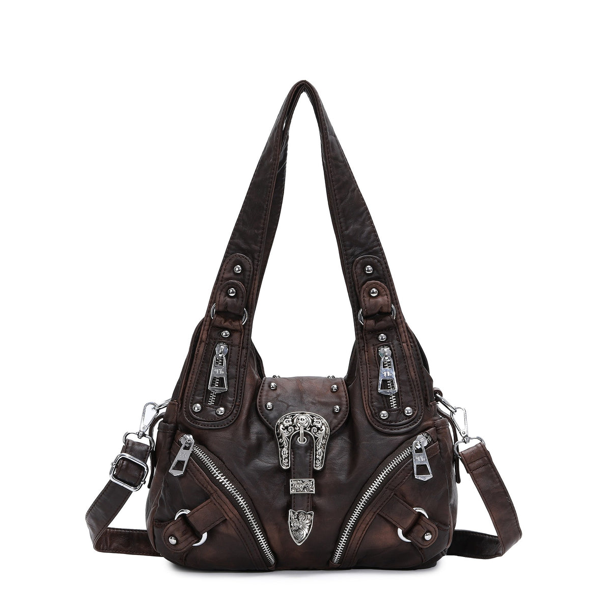 Western Buckle Washed Faux Leather Hobo Bag - Chocolate