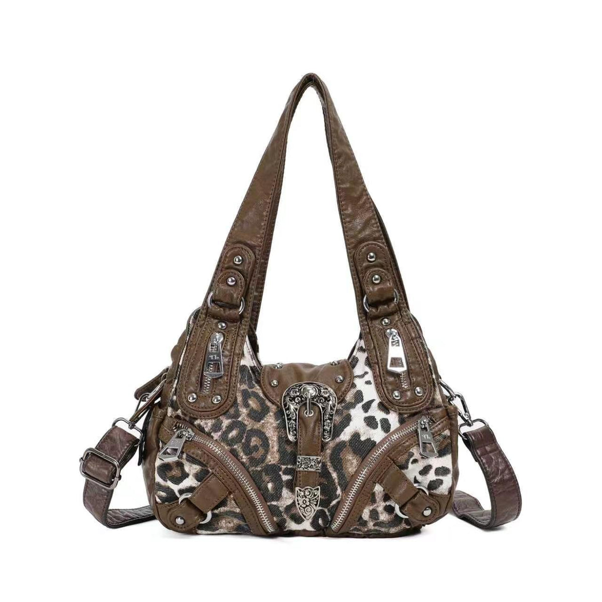Western Buckle Washed Faux Leather Hobo Bag - Coffee Leopard