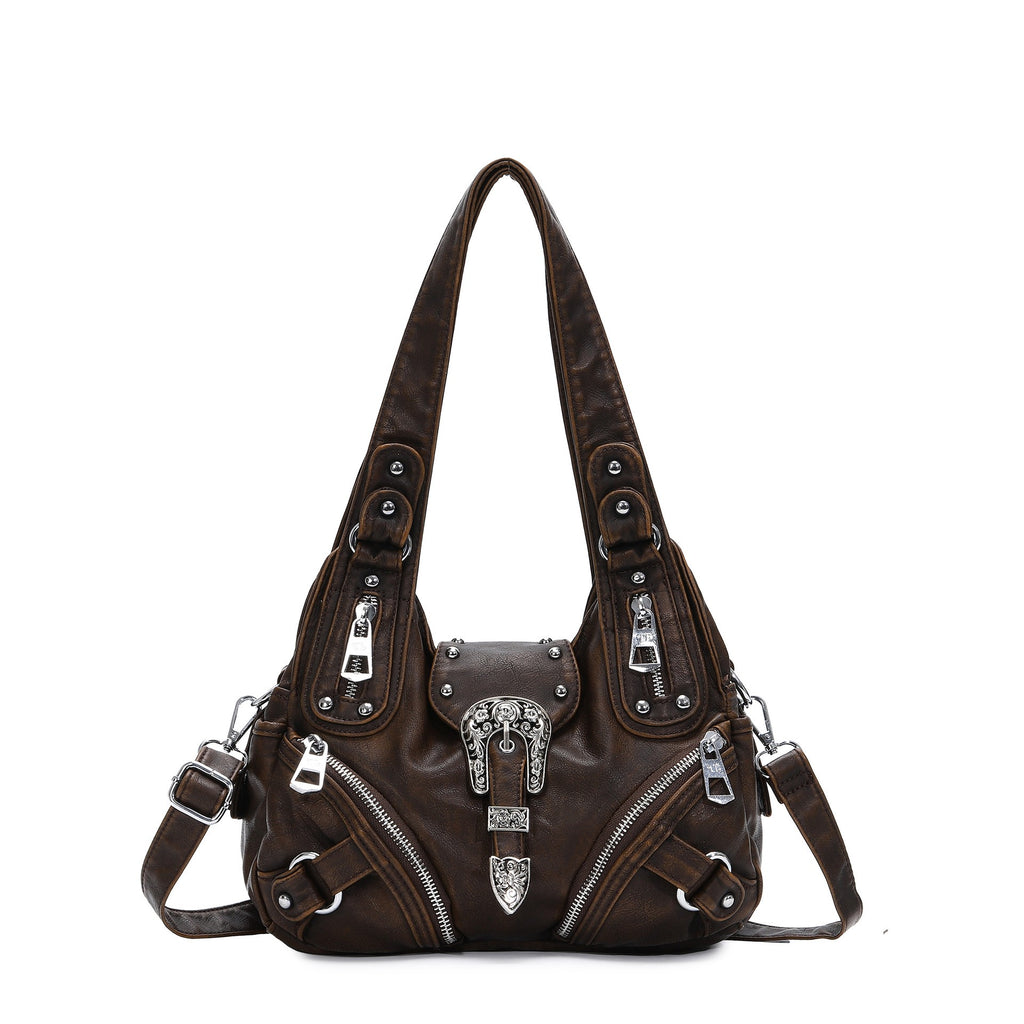 Western Buckle Washed Faux Leather Hobo Bag - Dark Brown