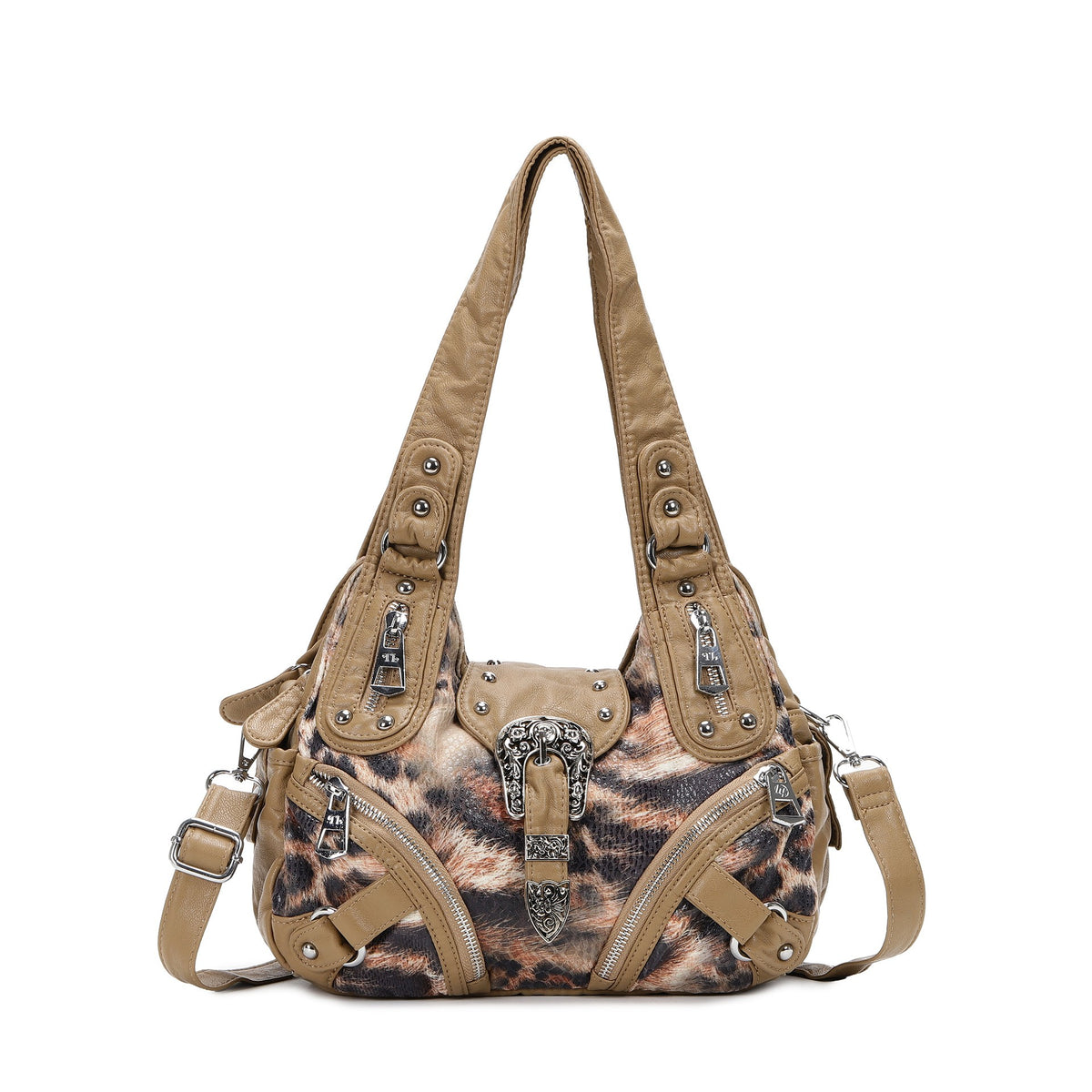 Western Buckle Washed Faux Leather Hobo Bag - Khaki Leopard