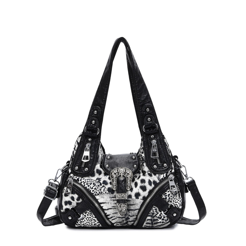Western Buckle Washed Faux Leather Hobo Bag - Mixed Leopard