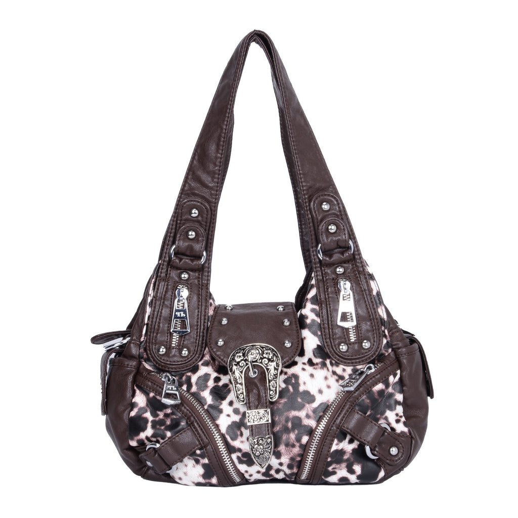 Western Buckle Washed Faux Leather Hobo Bag - Mocha Leopard