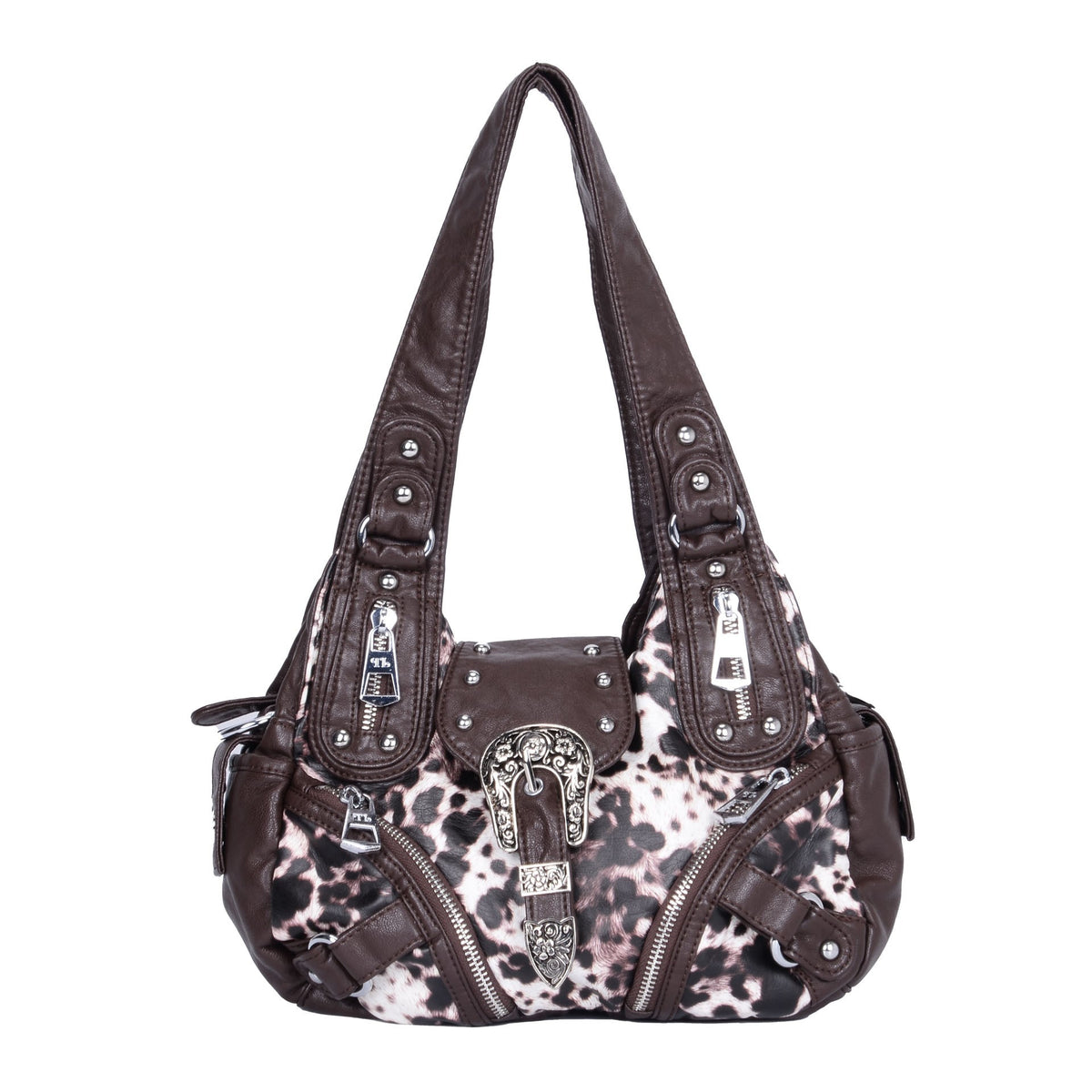 Western Buckle Washed Faux Leather Hobo Bag - Mocha Leopard