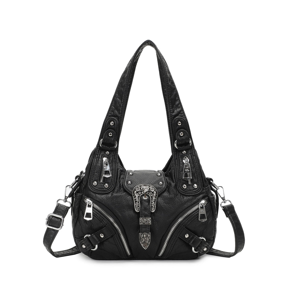 Western Buckle Washed Faux Leather Hobo Bag - Onyx