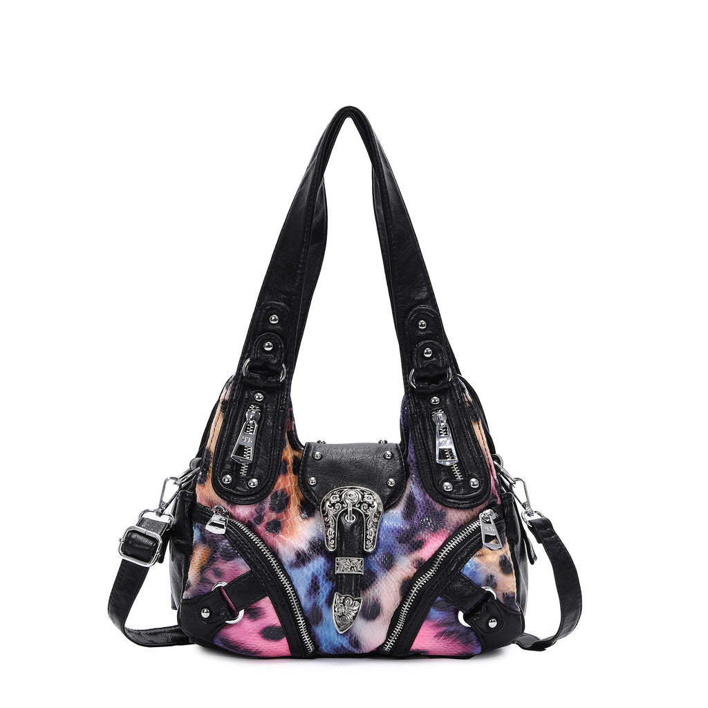 Western Buckle Washed Faux Leather Hobo Bag - Rainbow Leopard
