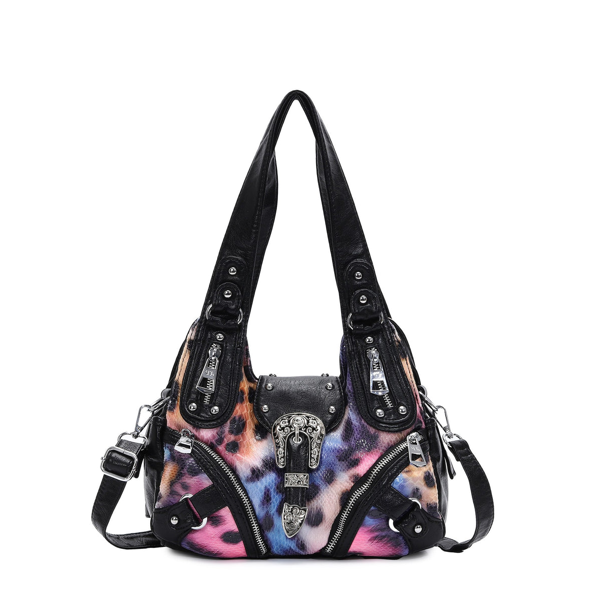 Western Buckle Washed Faux Leather Hobo Bag - Rainbow Leopard