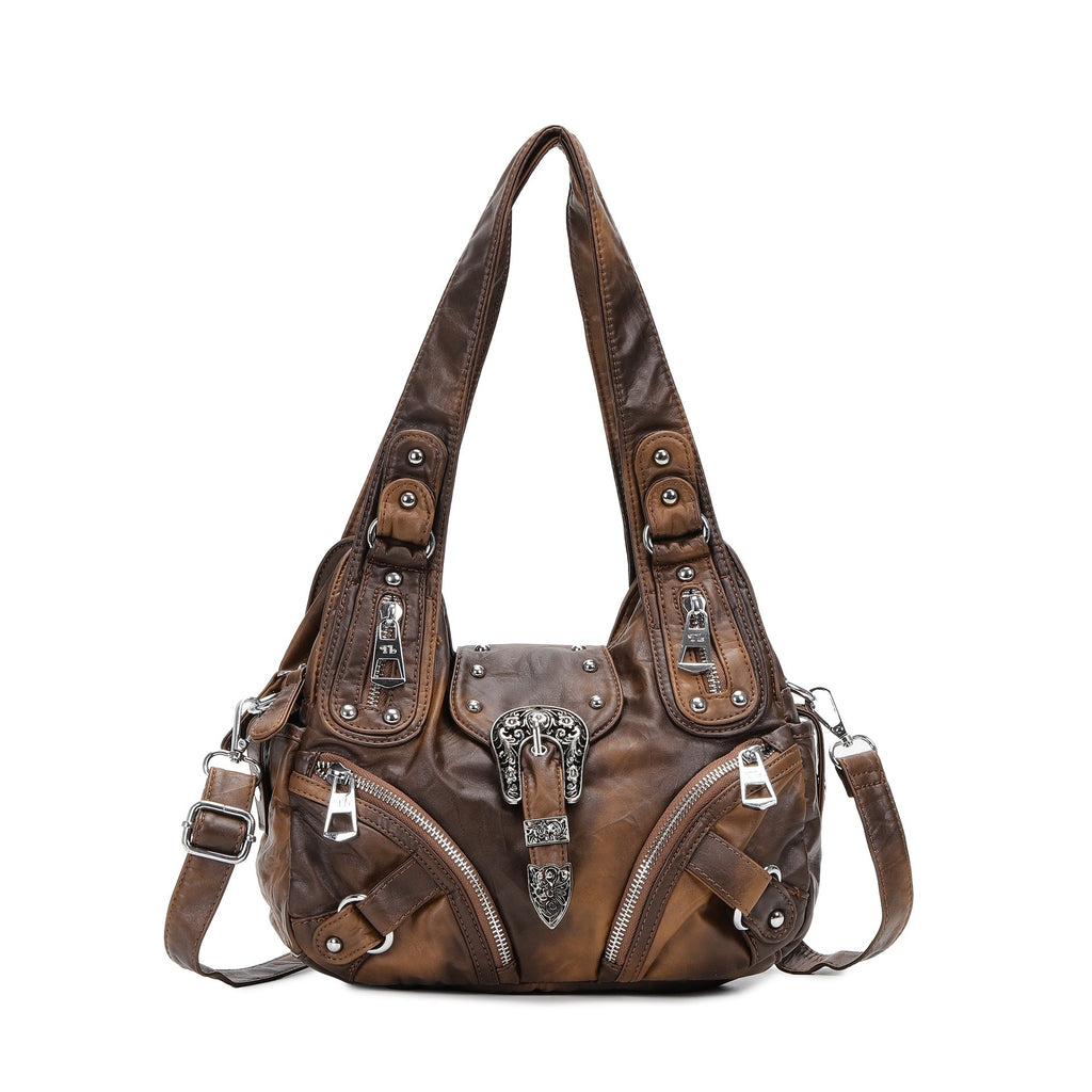 Western Buckle Washed Faux Leather Hobo Bag - Rustic Brown