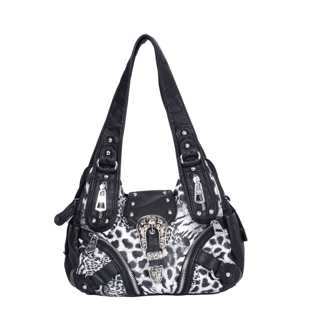 Western Buckle Washed Faux Leather Hobo Bag - Snow Leopard