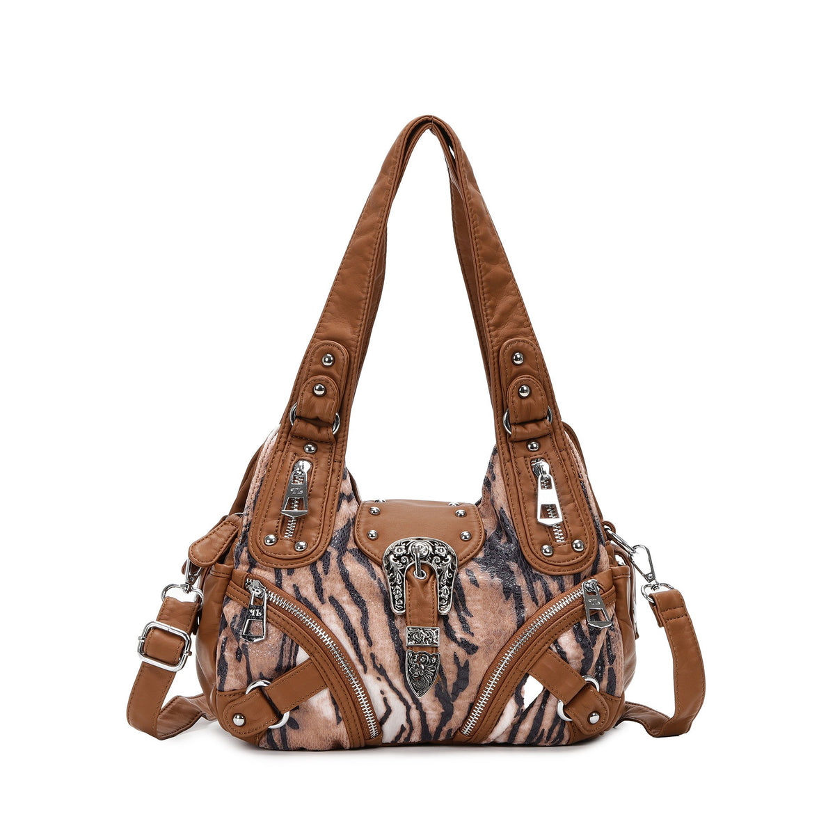 Western Buckle Washed Faux Leather Hobo Bag - Tiger Stripe