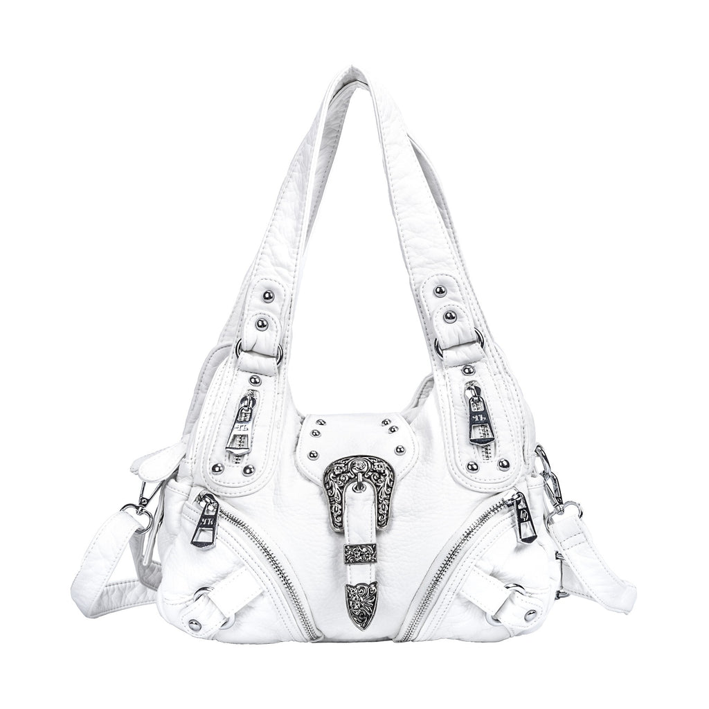 Western Buckle Washed Faux Leather Hobo Bag - White