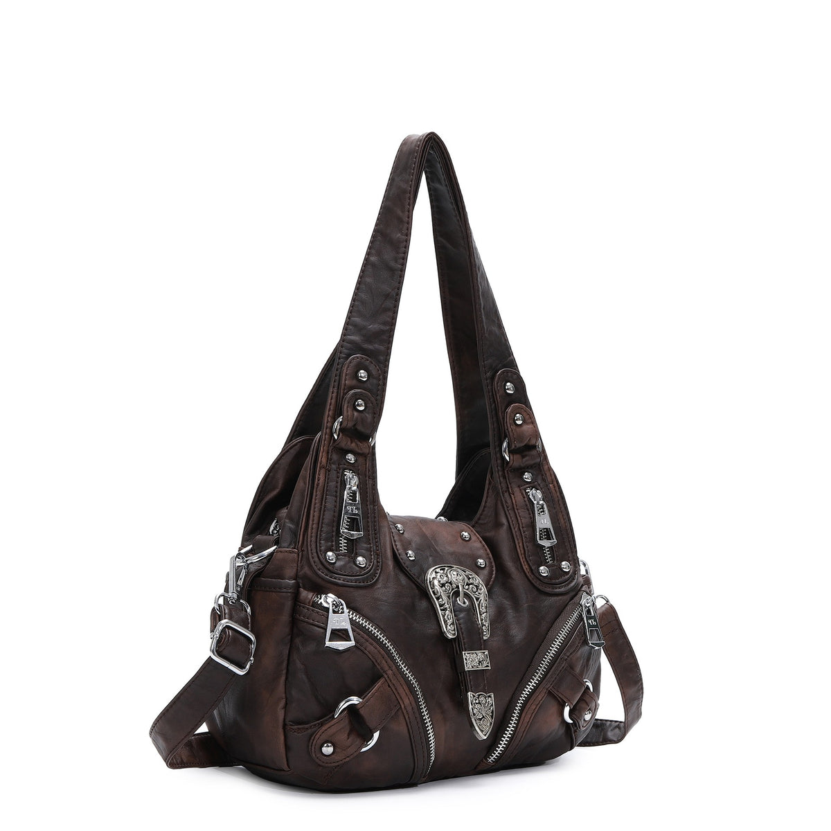 Western Buckle Washed Faux Leather Hobo Bag