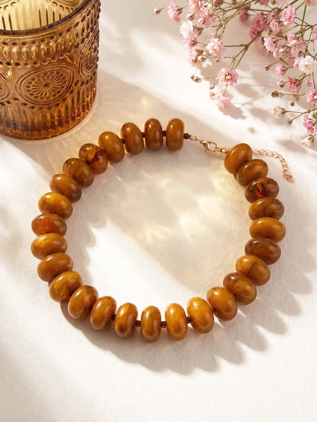 Chunky Rondelle Bead Statement Choker Necklace - Brown_Yellow