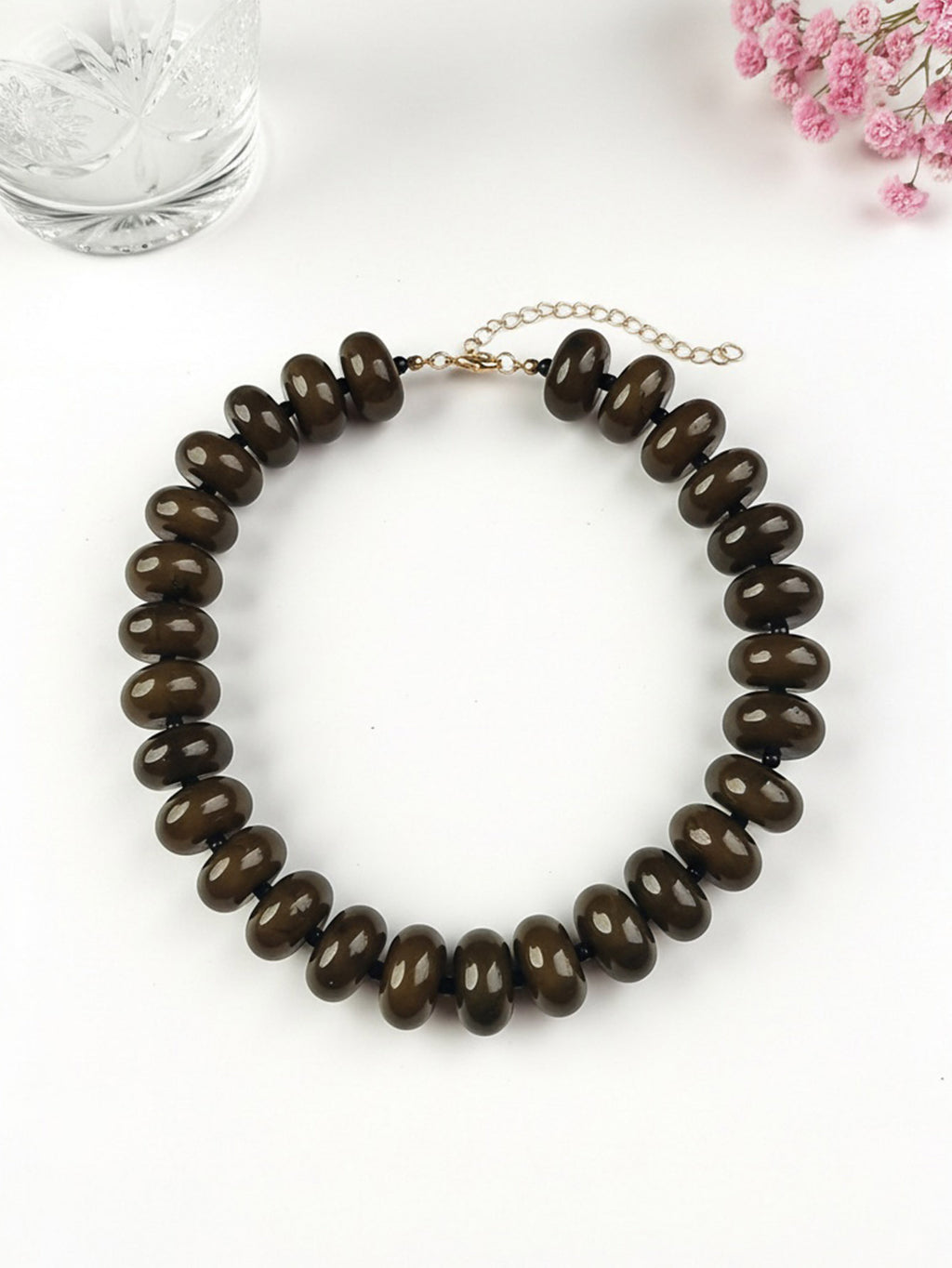 Chunky Rondelle Bead Statement Choker Necklace - Grey_Brown