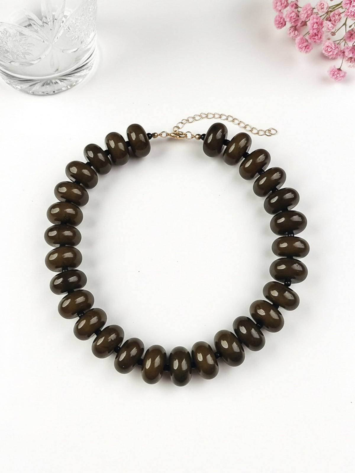Chunky Rondelle Bead Statement Choker Necklace - Grey_Brown