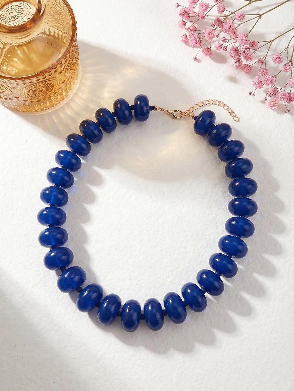Chunky Rondelle Bead Statement Choker Necklace - Navy_Blue