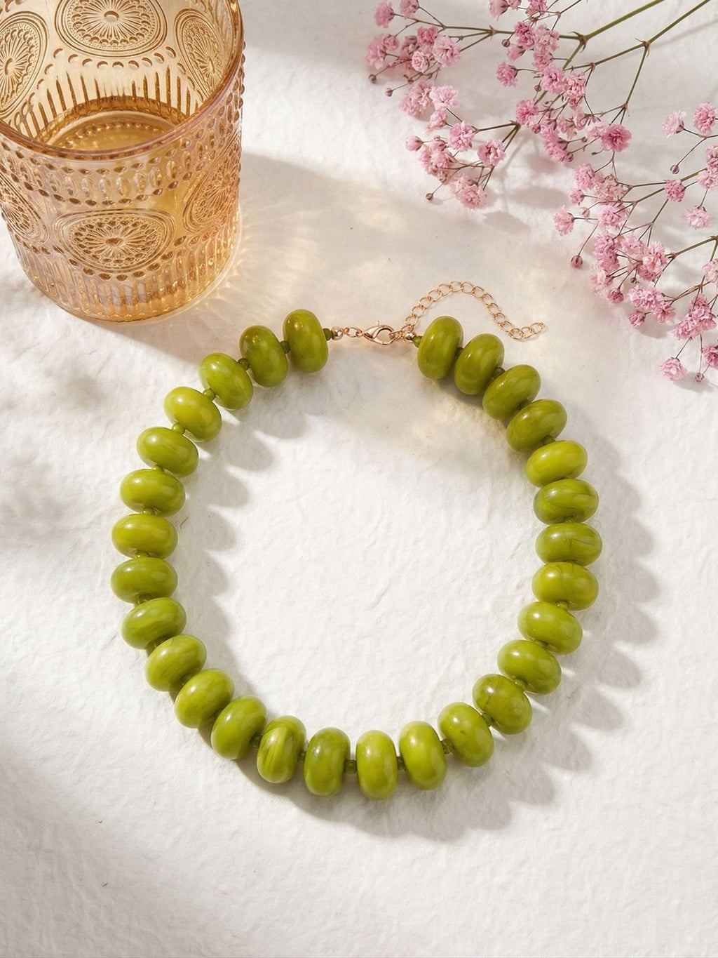 Chunky Rondelle Bead Statement Choker Necklace - Olive