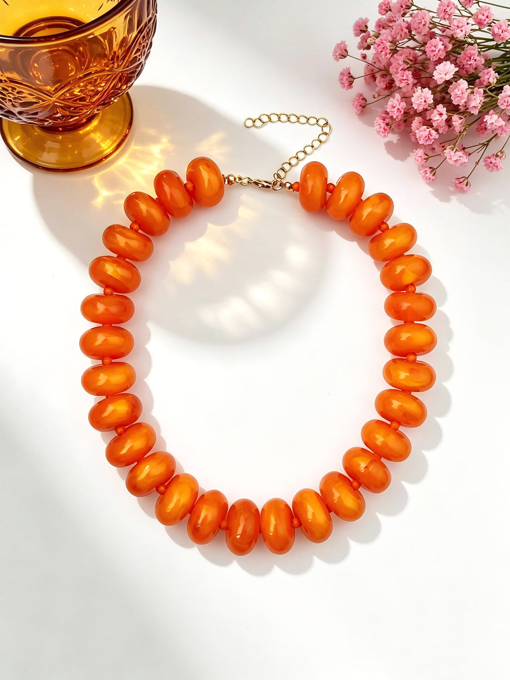 Chunky Rondelle Bead Statement Choker Necklace - Orange