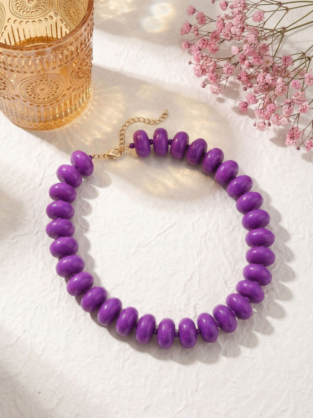 Chunky Rondelle Bead Statement Choker Necklace - Purple