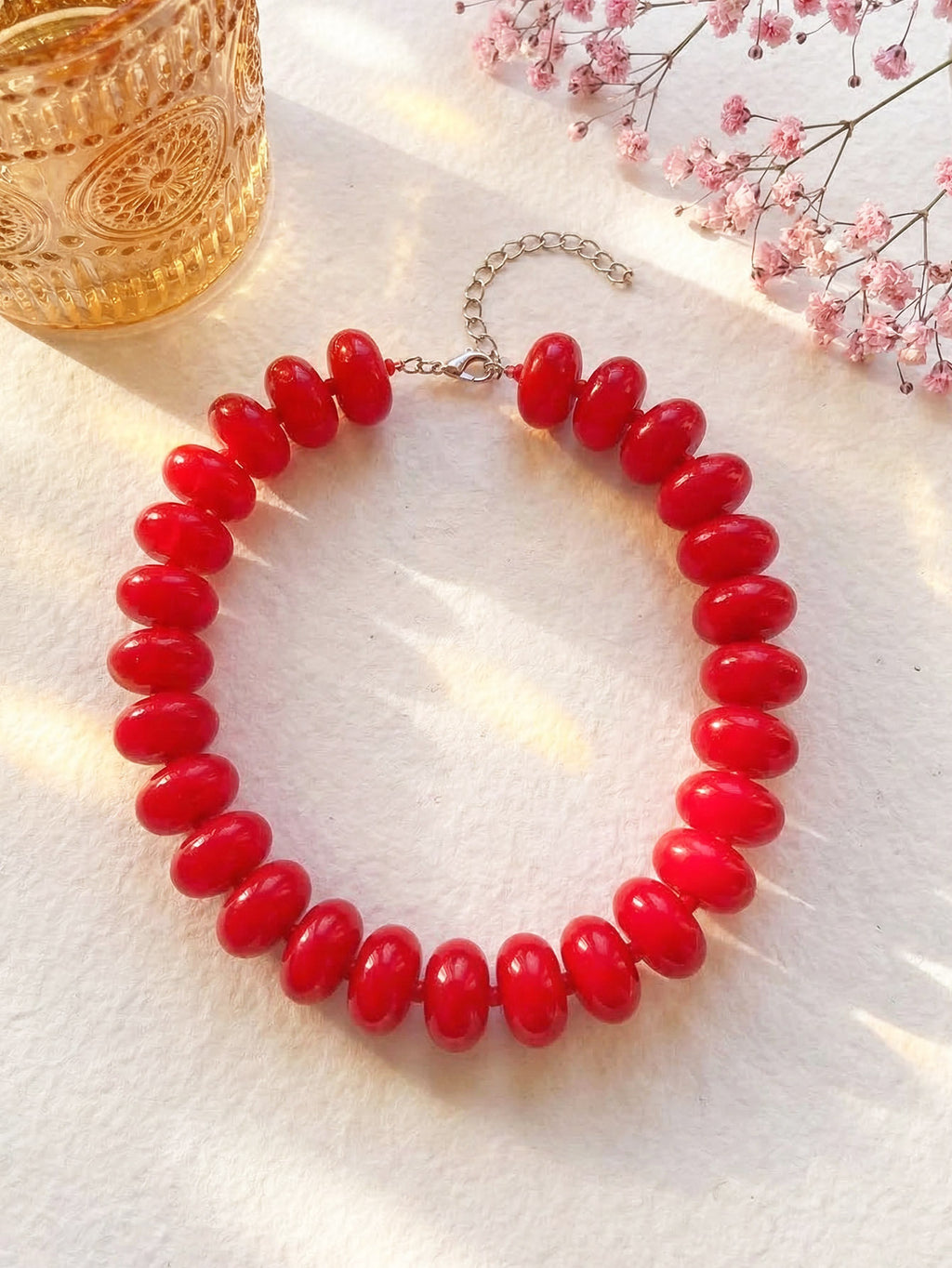 Chunky Rondelle Bead Statement Choker Necklace - Red