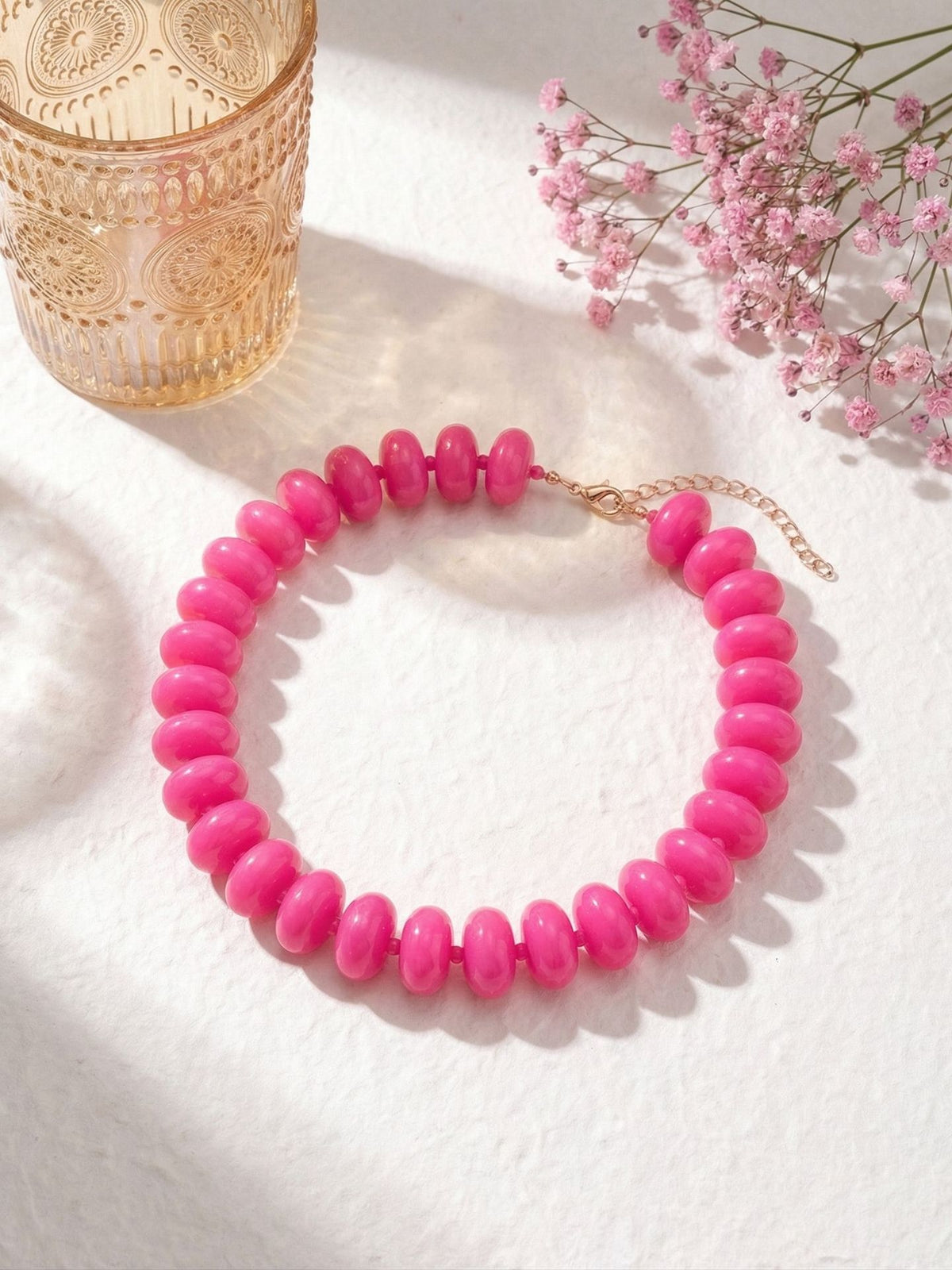 Chunky Rondelle Bead Statement Choker Necklace - Rose_Red