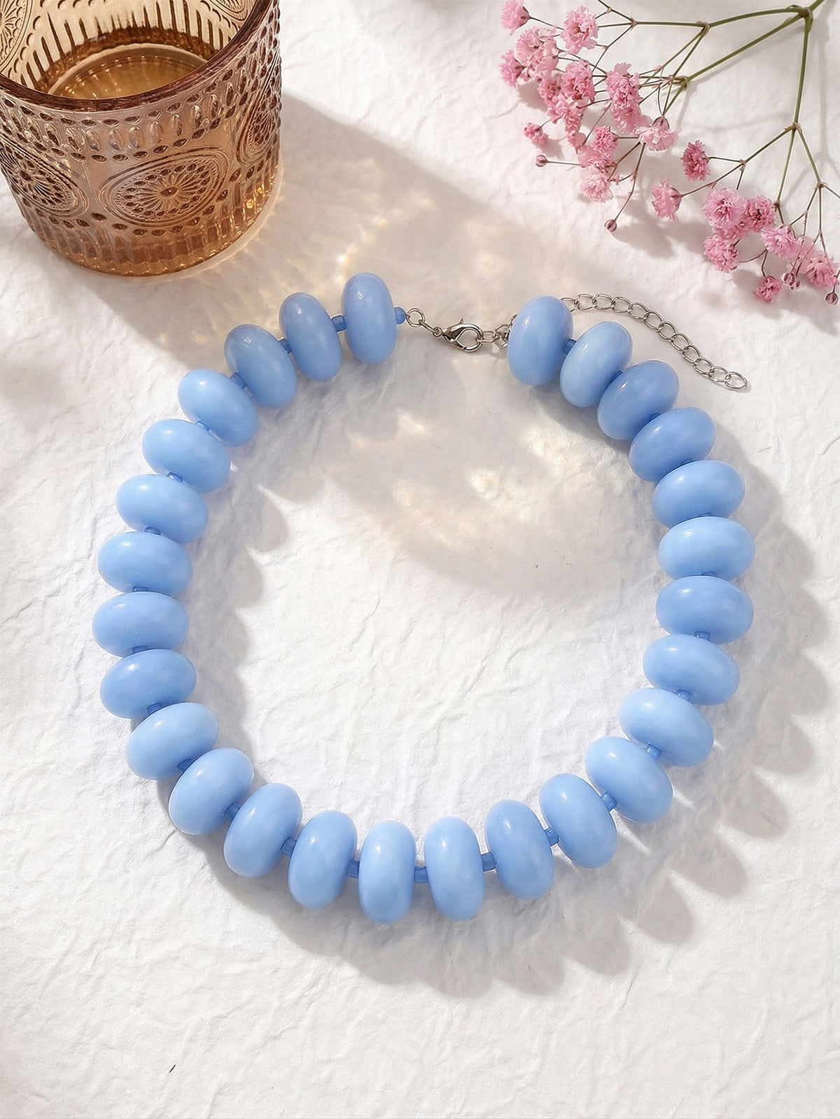 Chunky Rondelle Bead Statement Choker Necklace - Sky_Blue