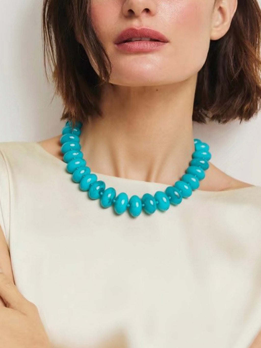 Chunky Rondelle Bead Statement Choker Necklace - T_Blue