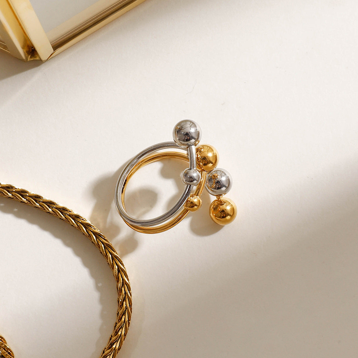Beaded Ball Double Layer Open Ring - Gold - 1