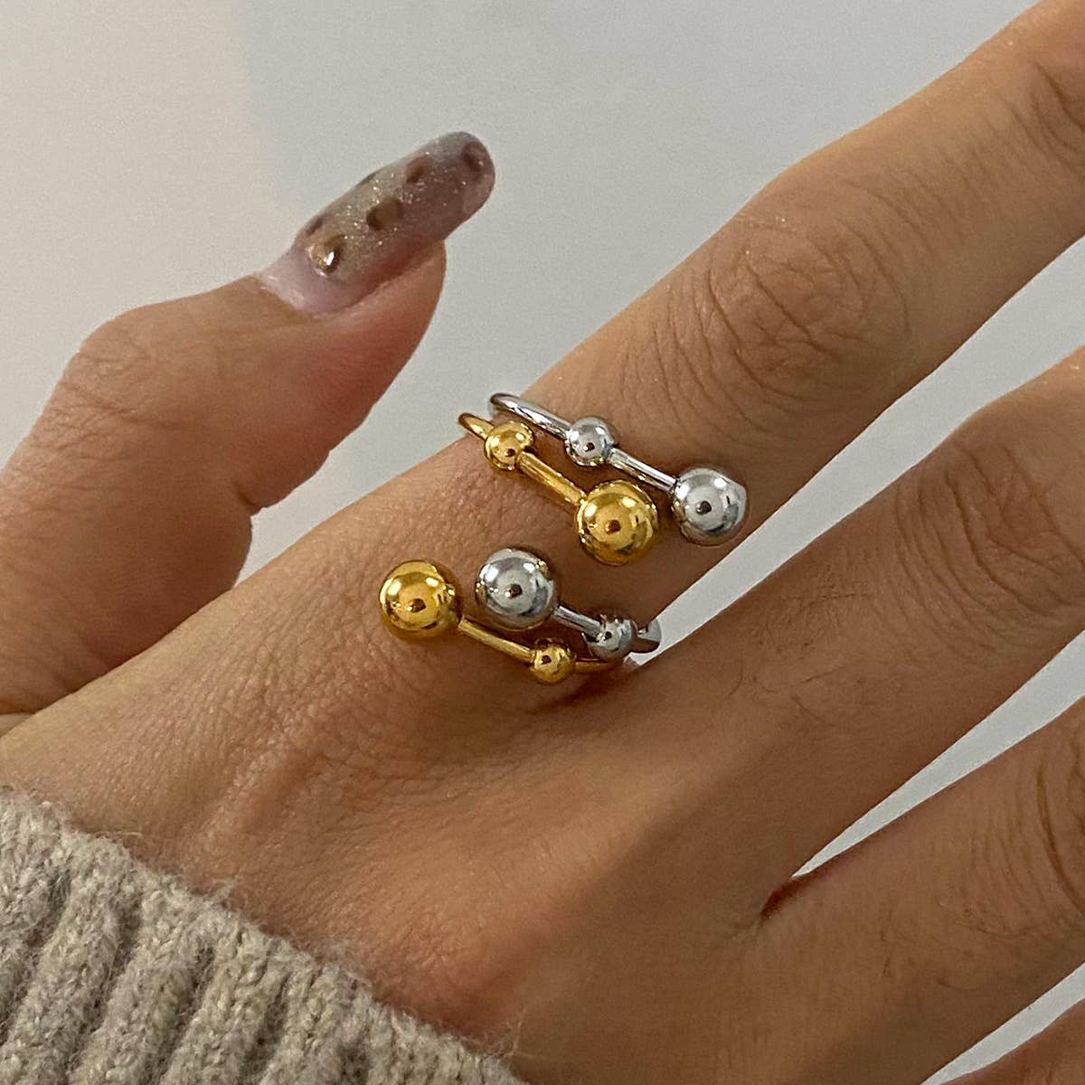 Beaded Ball Double Layer Open Ring
