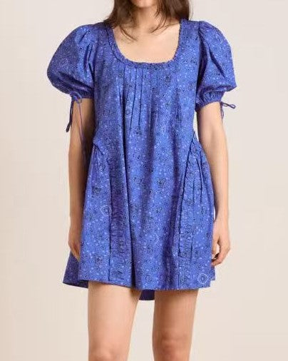 Puff Sleeve Polka Dot Babydoll Mini Dress - Blue