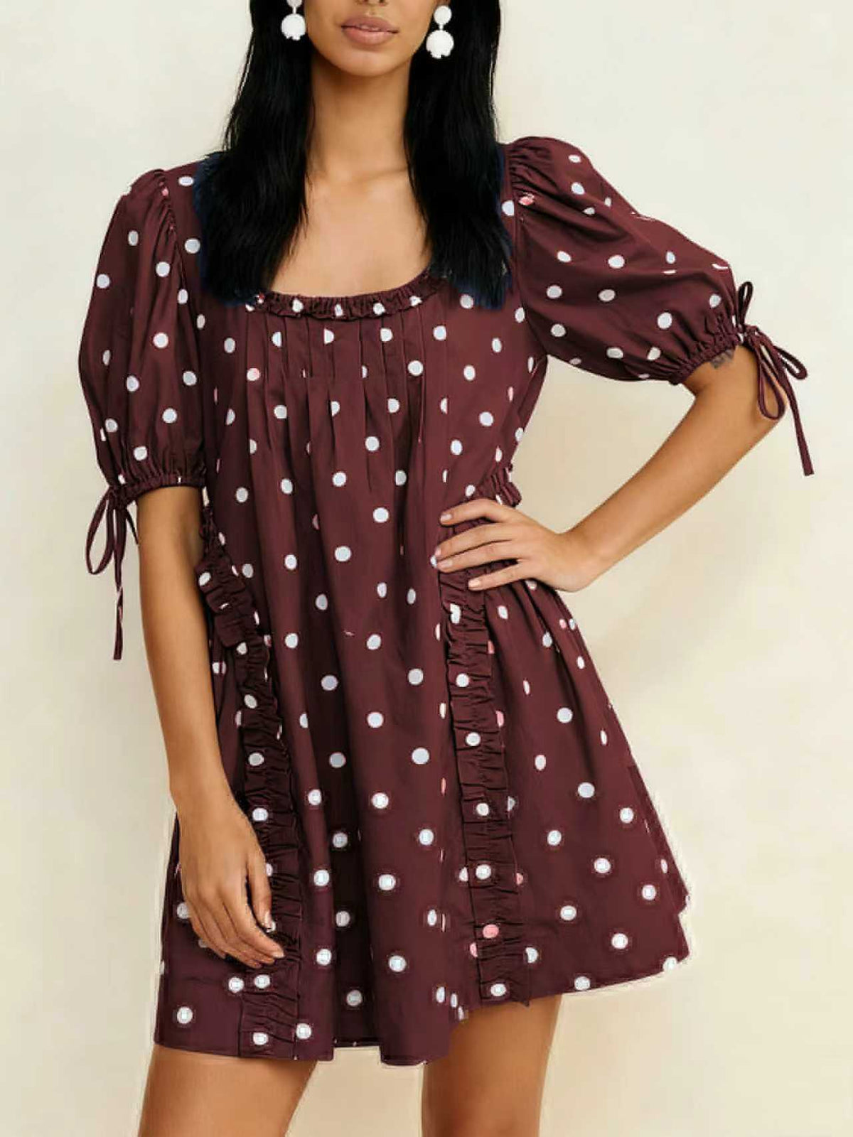 Puff Sleeve Polka Dot Babydoll Mini Dress - Brown