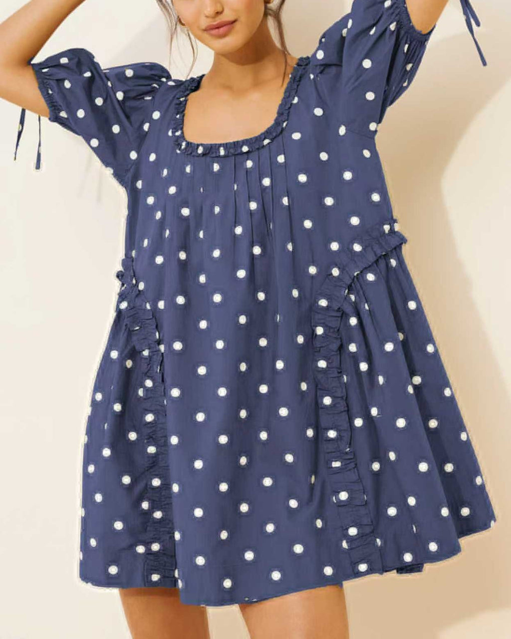Puff Sleeve Polka Dot Babydoll Mini Dress - DarkBlue