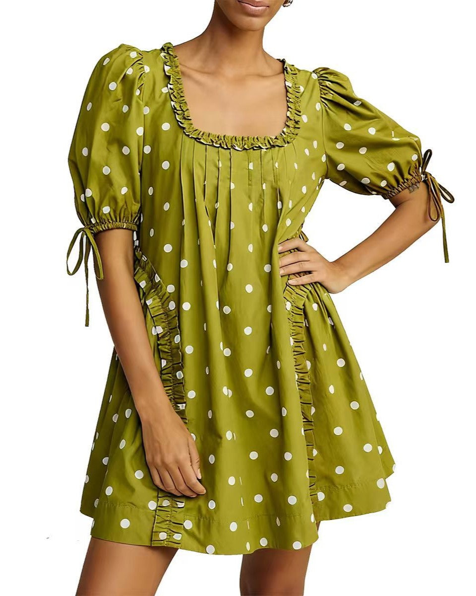 Puff Sleeve Polka Dot Babydoll Mini Dress - Green