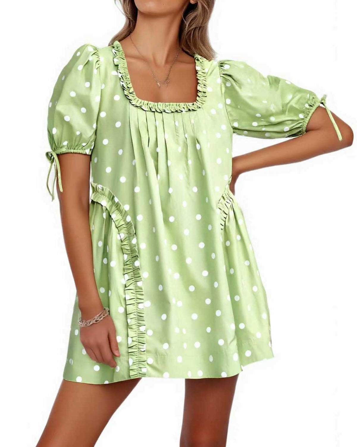 Puff Sleeve Polka Dot Babydoll Mini Dress - Mint