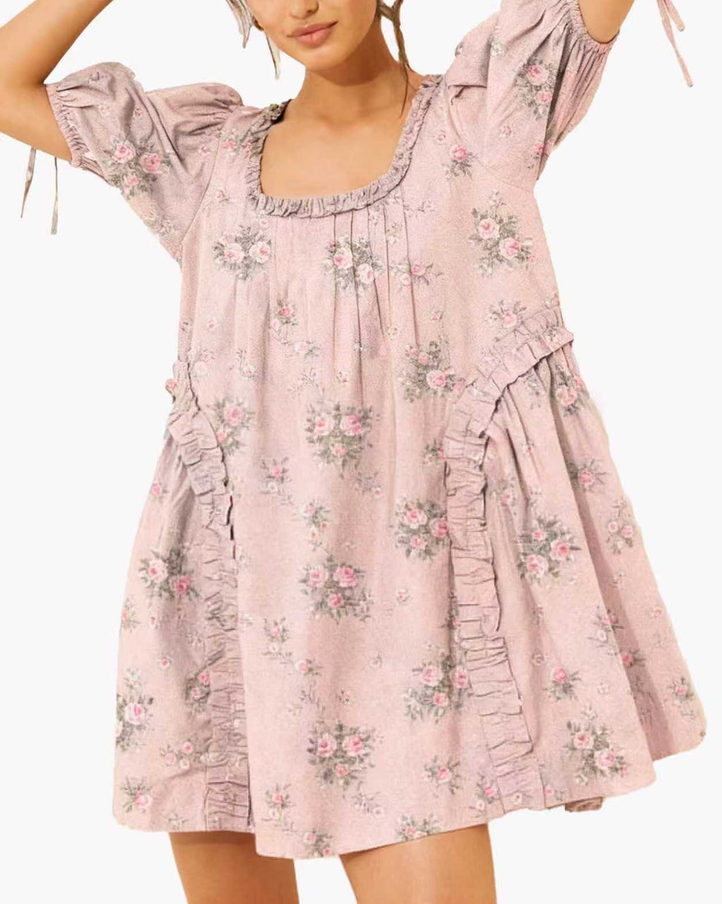 Puff Sleeve Polka Dot Babydoll Mini Dress - Peach