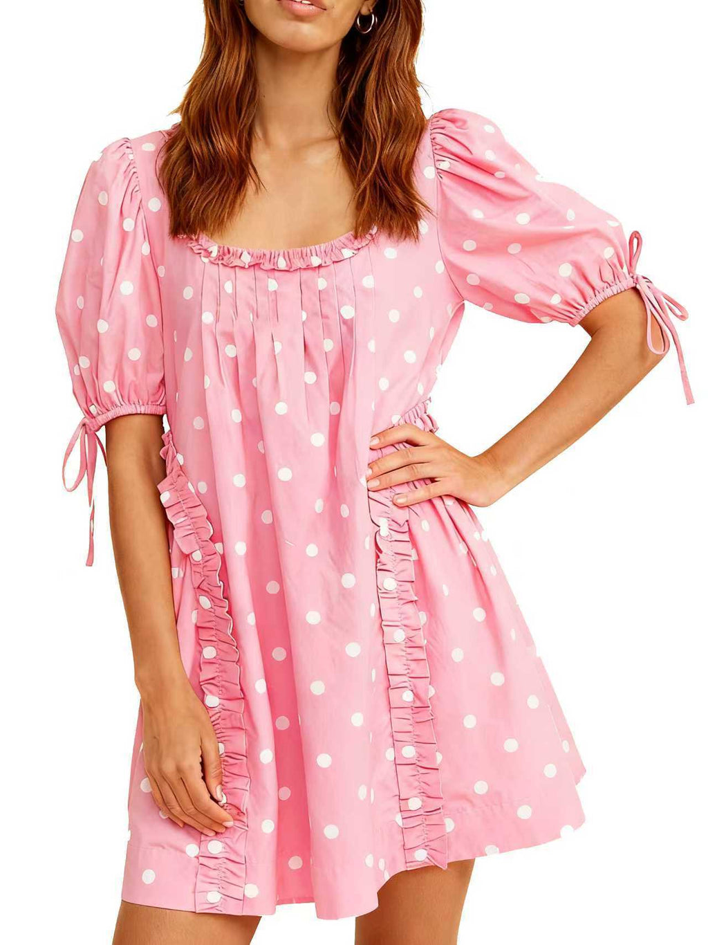 Puff Sleeve Polka Dot Babydoll Mini Dress - Pink