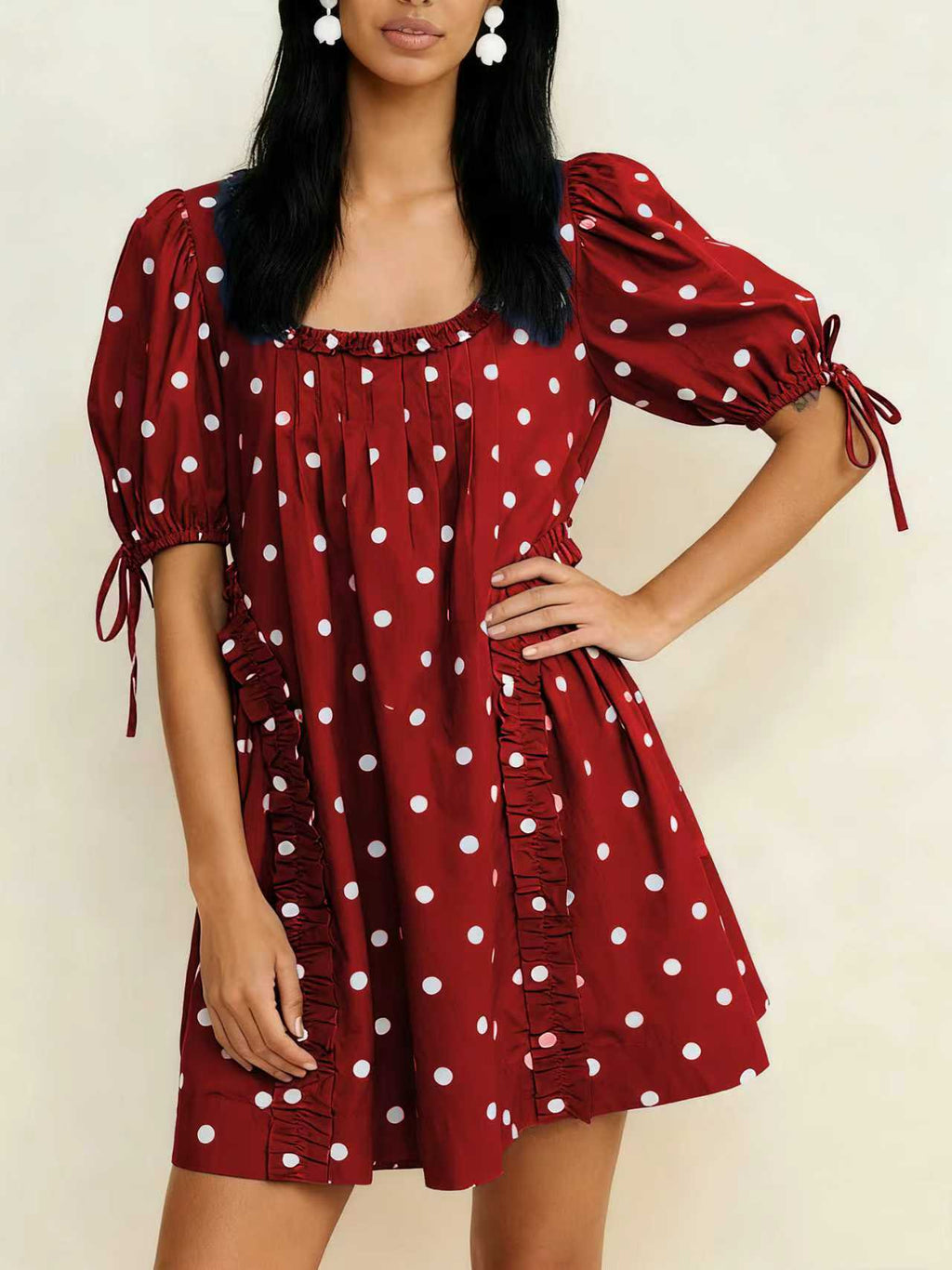 Puff Sleeve Polka Dot Babydoll Mini Dress - Red