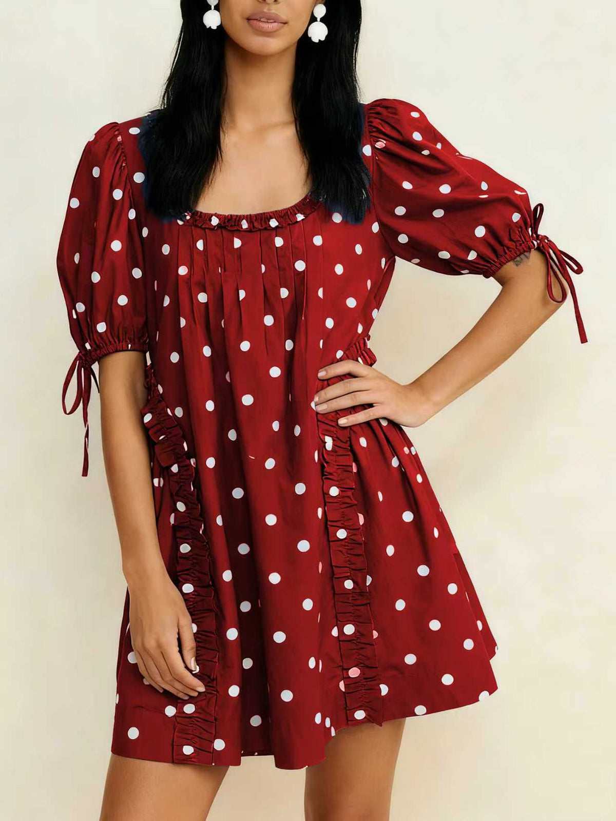 Puff Sleeve Polka Dot Babydoll Mini Dress - Red