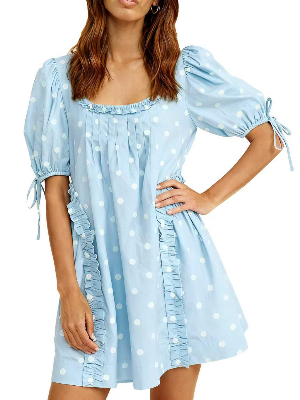 Puff Sleeve Polka Dot Babydoll Mini Dress - SkyBlue