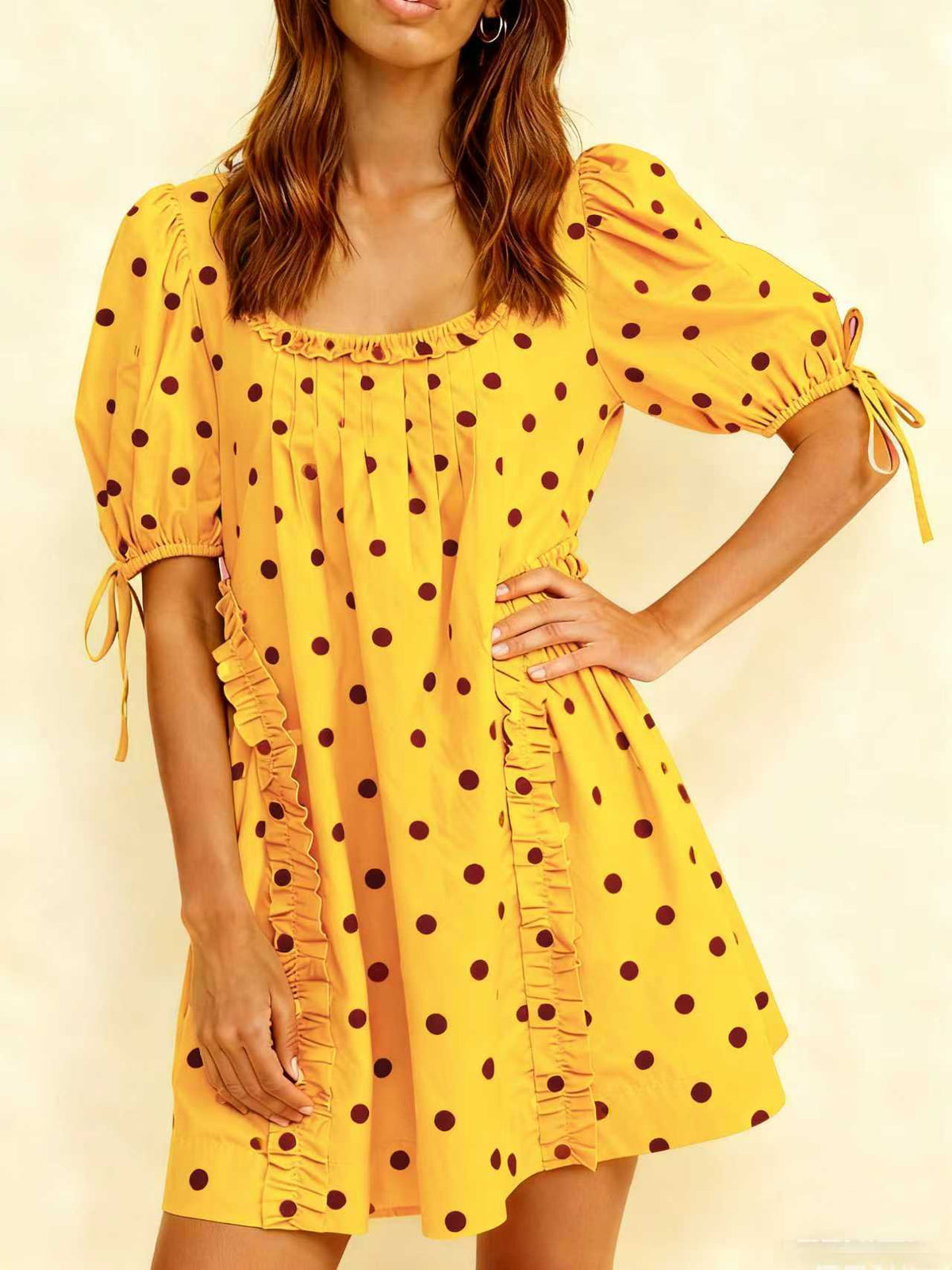 Puff Sleeve Polka Dot Babydoll Mini Dress - Yellow