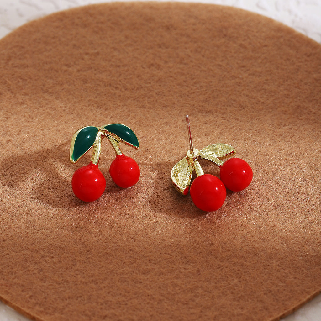 Enamel Cherry Fruit Stud Earrings - Red - 2
