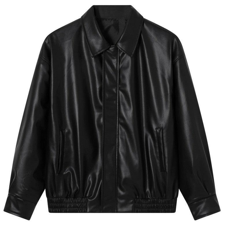 Faux Leather Collared Oversized Bomber Jacket - Black