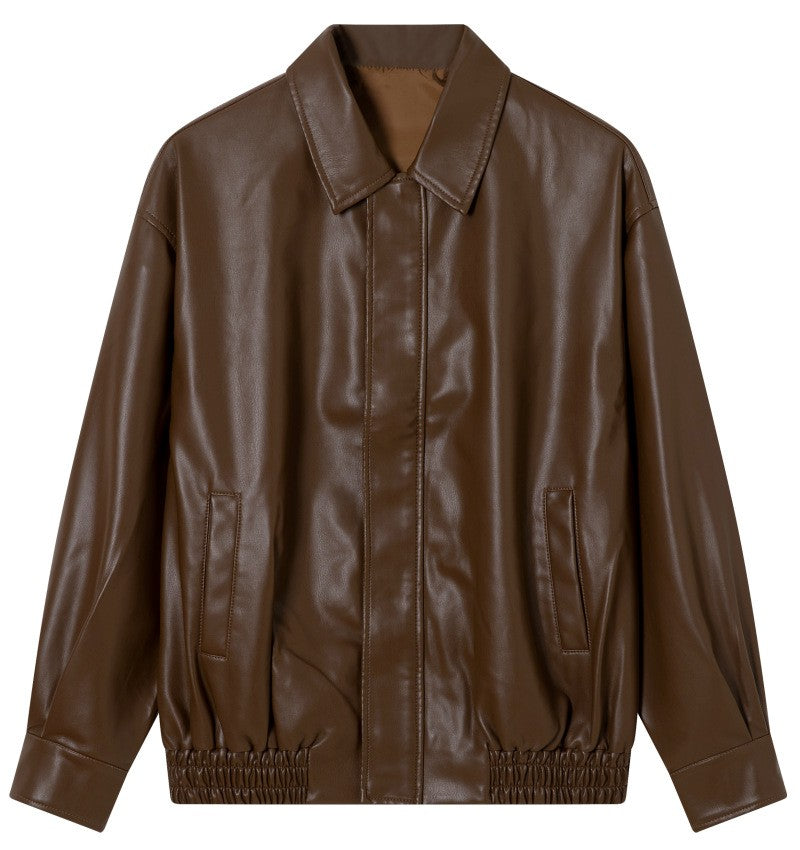 Faux Leather Collared Oversized Bomber Jacket - Brown