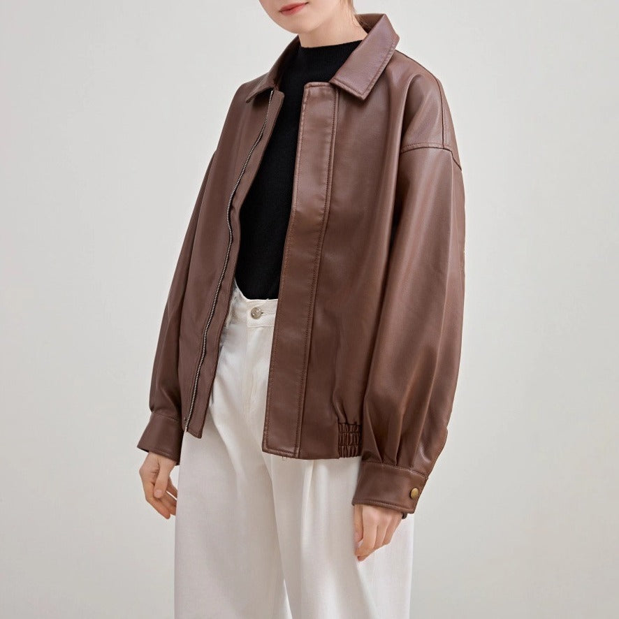 Faux Leather Collared Oversized Bomber Jacket