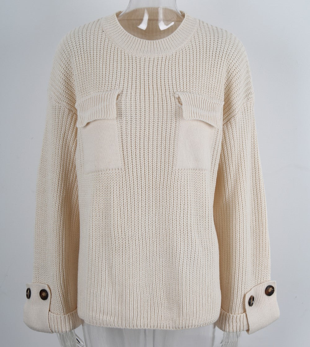 Slouchy Ribbed Patch Pocket Knit Sweater - Apricot - 1