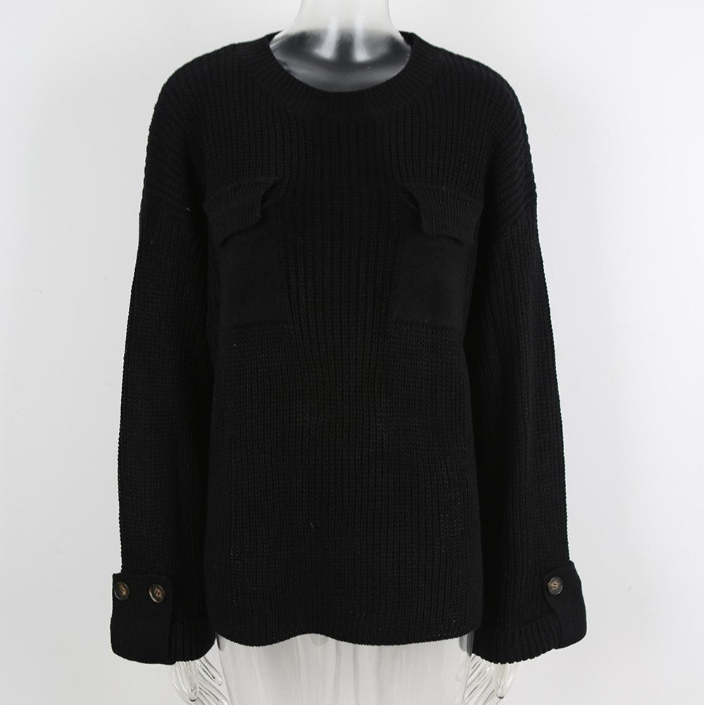 Slouchy Ribbed Patch Pocket Knit Sweater - Black
