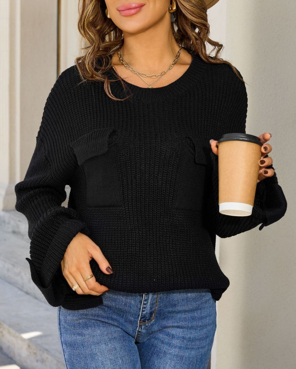 Slouchy Ribbed Patch Pocket Knit Sweater - Black - 1