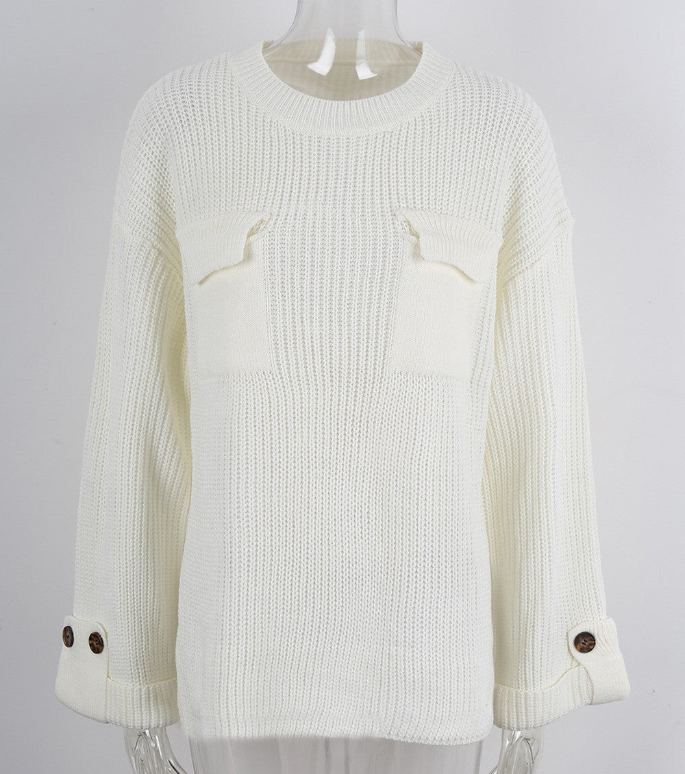 Slouchy Ribbed Patch Pocket Knit Sweater - White - 1