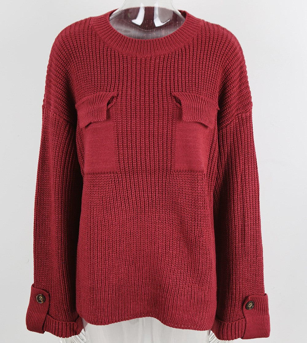 Slouchy Ribbed Patch Pocket Knit Sweater - Winered