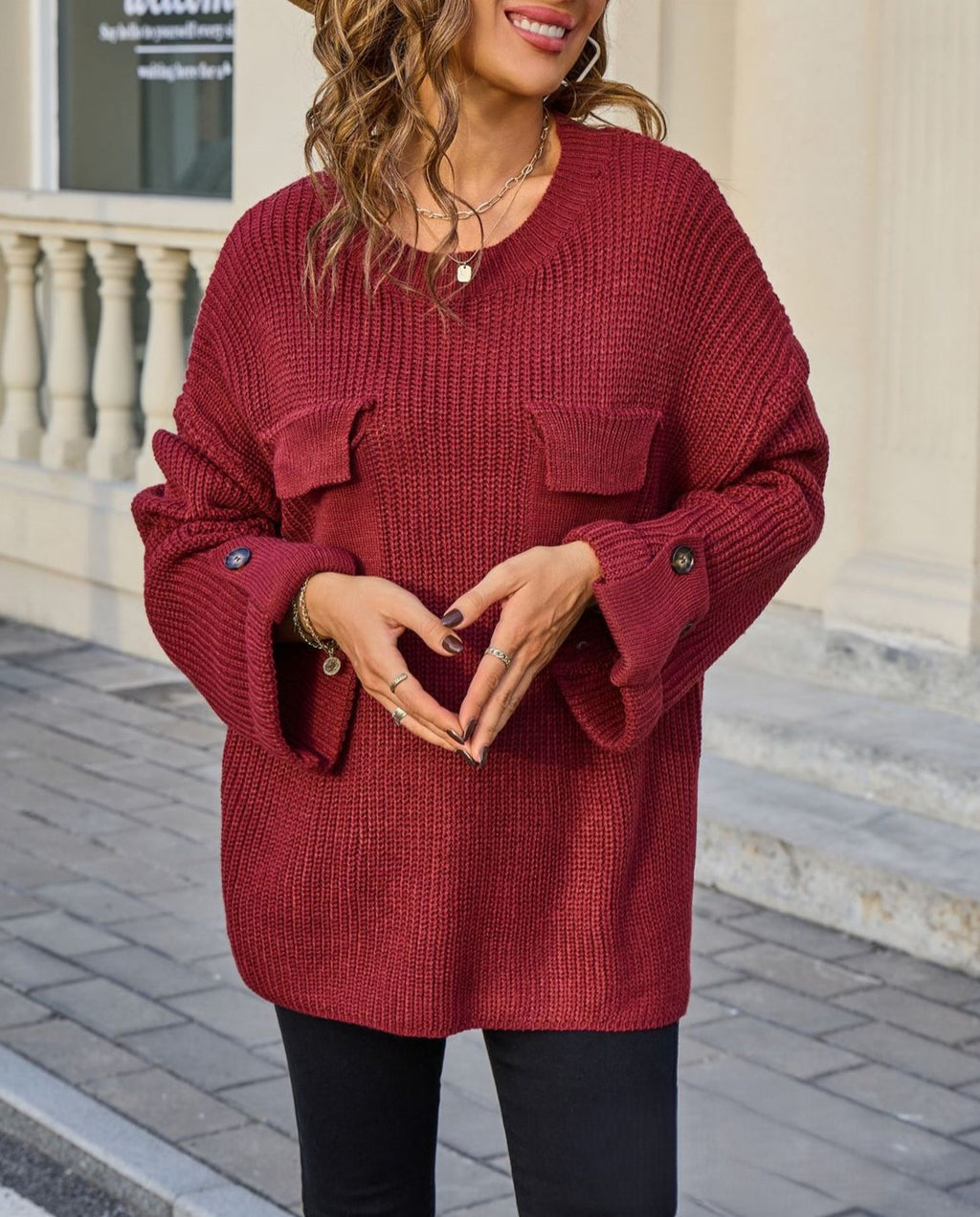 Slouchy Ribbed Patch Pocket Knit Sweater - Winered - 1