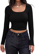 Square Neck Ribbed Cropped Long Sleeve Top - Black